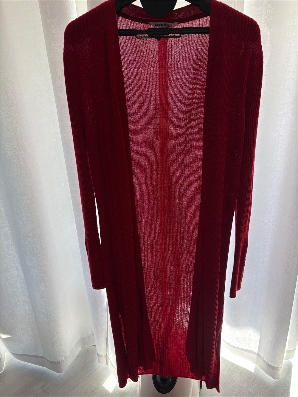 Nygard Button-Trim Ribbed Knit Cardigan in Deep Red